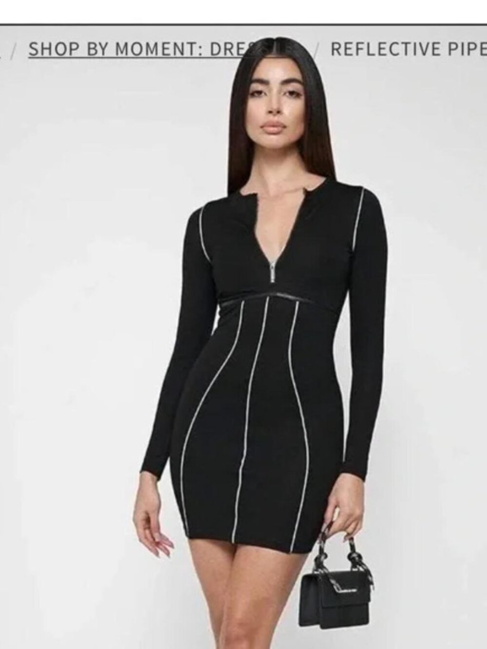 Maniere De Voir Black Long-Sleeve Zip-Front Bodycon Top - Picture 2 of 5
